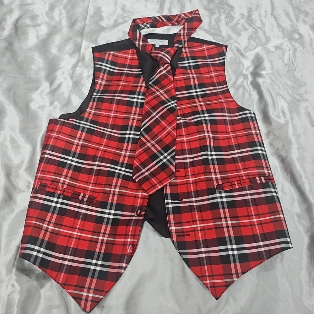 Vesuvio Napoli Italy Vest Neck Tie Set Red Plaid Academia Formal Event Size M